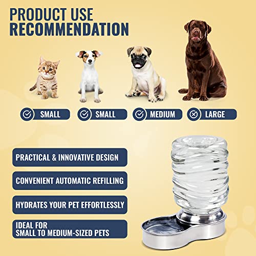 Dog Water Bowl Dispenser - Automatic Slow Refilling System Keeps Stainless Steel Drinking Dish Filled - Refillable 3 Liter Bottle, Non-Skid Feet - Clean, Safe, & Fresh Drink for Pet Dogs