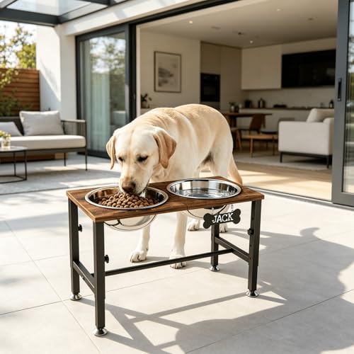 SHAINFUN Elevated Dog Bowls with Mat for Large & Extra Large Dogs, Raised Dog Bowl Stand with 2 Stainless Steel Bowls, Tall Dogs Food Water Bowl Holder - color: Brown-3L