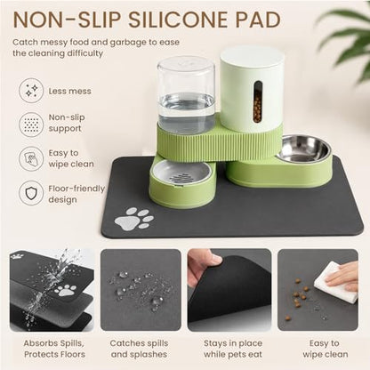 Gravity Cat Feeder 2 Pack Automatic Food Feeder and Water Dispenser Set Detachable Pet Bowl with Silicone Mat for Cats Small Medium Dogs, Large Capacity(Green) - color: Green-With mat