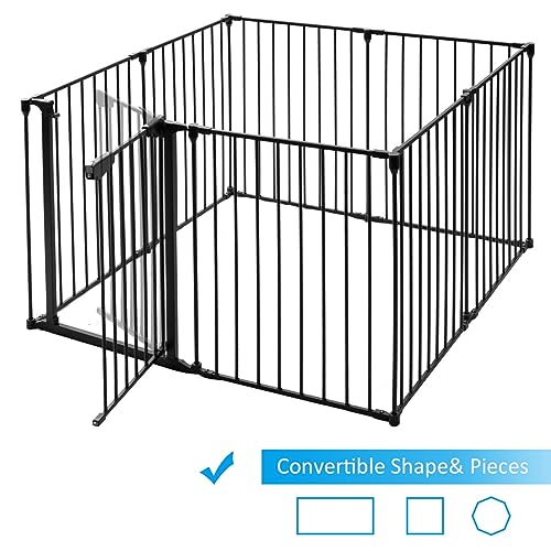 Costzon Baby Safety Gate, 181-Inch Extra Wide Fireplace Fence, Foldable Pet Gates with Add/Decrease Panels Directly, Wall-Mount Metal Gate for Pet & Child - color: Black, size: 8-Panel