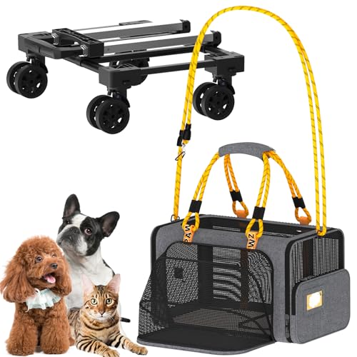 PAWZIDEA Expandable Pet Carrier with Wheels, 18"x11"x11" TSA Airline Approved Cat Carrier for 2 Cats Under Seat, Collapsible Soft-Sided Small Dog Rolling Travel Bag with Telescopic Handle, Up to 18lbs - color: Mid-Hemp Gray-Wheels