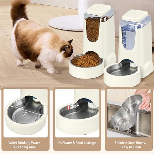 2 Pack Automatic Cat Feeder and Stainless Steel Water Dispenser, Gravity Dog Waterer Set Food Feeder and Waterer Set for Small Medium Kitten Puppy Pets (1 Gallon x 2, Ivory White) - color: 1 Gallon x 2 - Ivory White