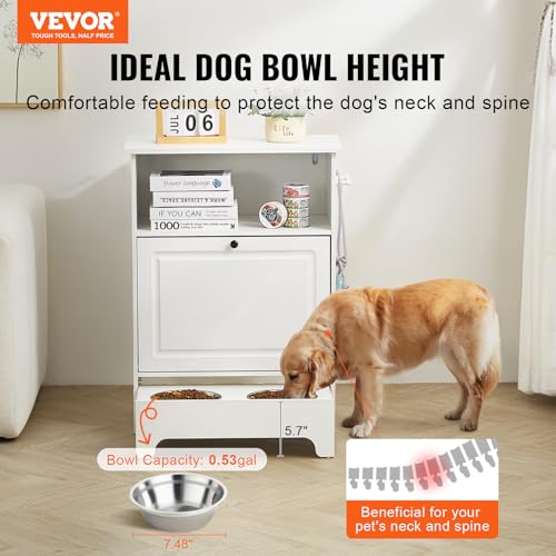 VEVOR Pet Feeding Station with 2 Elevated Dog Bowls, Raised Dog Bowls Stand with Storage, Food Cabinet with Hidden Pull-Out Bowl, Feeder Station, Pet Toy Storage Organizer for Dogs Cats, White - size: 23.62x13.78x31.38 inch