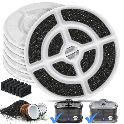 Kastty 6 Pack 18CM Larger More Activated Carbon Replacement F-ilters for 9L Large Dog Water Fountains, Food Grade, Made of Coconut Activated Carbon and PP Cotton, 6 + 6 P ump F ilters