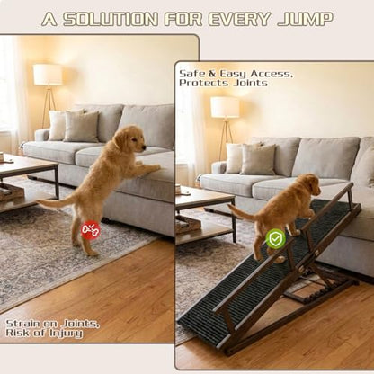 Dog Ramp for Bed - 7-Level Adjustable (13"-37") Birchwood, 60" Foldable Soft Carpet Ramp with Removable Washable Cover & Rails, for High Bed/Couch, DIY Glow Strips, Supports 200 Lbs - color: Brown - Carpet Style