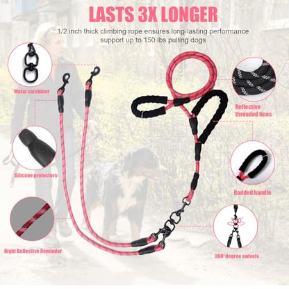 Dual Dog Leash,Three Way Small Dogs, and Medium Dogs,Exceptional 360° Anti-Tangle & No Pull Double Leash - Double Handle & Reflective Double Dog Leash for Safety & Convenience (Pink, 3 Way) - color: Pink, size: 3 Way