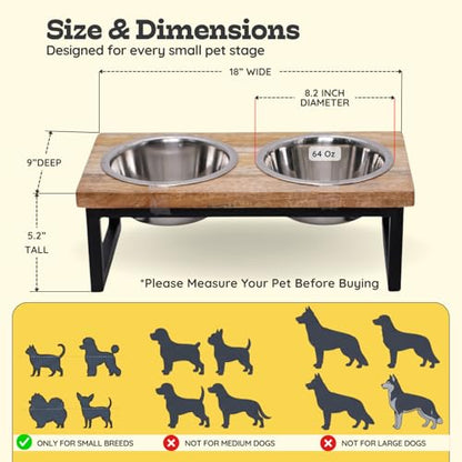 Elevated Dog Bowls, Medium 5.2 Height Mango Wood Raised Dog Bowl Iron Stand Frame with 64oz 2 Pcs Stainless Steel Pets Dishes, Food & Water 8Cup, 1.9L Capacity Nonslip Cat Feeding Station - size: 5.2 Inches / 64oz 2 Bowl