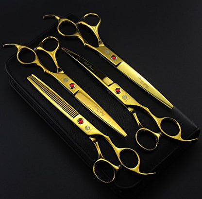 Purple Dragon Professional 7.0 inch 4PCS Pet Grooming Scissors Kit Japan Premium Steel Straight & Curved & Thinning Blade Dog Hair Cutting Shears Set with Case - color: Gold