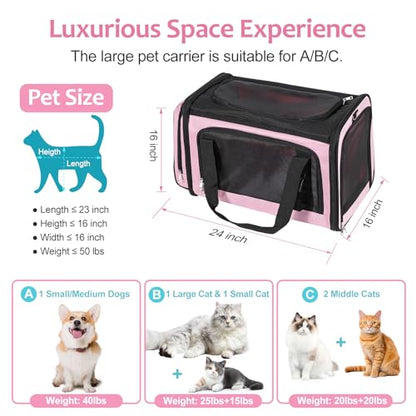 Discala Extra Large Cat Carrier for 2 Cats, Pet Carrier, Dog Carrier for Small Dogs, Cat Carrier Soft, Collapsible Large Pet Carrier for Traveling Indoor and Outdoor Uses - Pink 24"x16"x16"