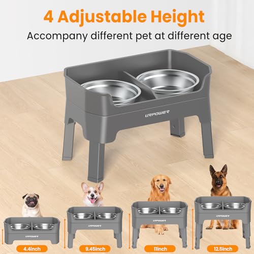 URPOWER 3-in-1 Elevated Dog Bowls - Mess Proof Double Deck 4 Height Adjustable Raised Stand with 2 Stainless Steel Food Bowls & Licking Plate for Small, Medium & Large Dogs - color: Grey, size: Large