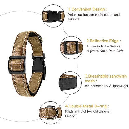 HEELE Dog Collar, Reflective Dog Collar, Soft Neoprene Padded Breathable Nylon Pet Collar Adjustable for Small Dogs, Khaki, S(10.23-14.96") - color: Khaki, size: Small (10.23-14.96")