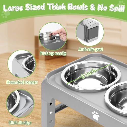 Elevated Raised Dog Bowl Stand with 2 Stainless Steel Bowls, Adjustable Height for Medium Large Dogs, 12.36" - 3.7" Foldable Feeder, Grey - color: Grey, size: Medium dogs