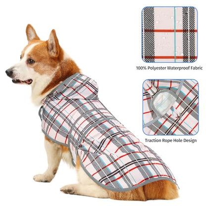 Dog Raincoat for Large Dogs Waterproof Jacket Hooded Rain Coats with Reflective Strips Leash Hole & Poncho Adjustable Fit (Plaid,L) - color: Khaki Plaid, size: Large