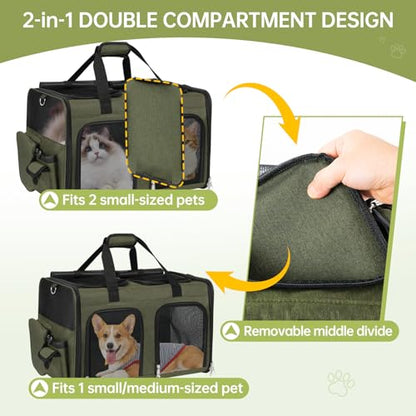 Cat Carrier for 2 Cats - Double Pet Carrier Extra Large, Dual Cabin Multi Cat Travel Carrier with Removable Divider, Collapsible, Can Hold 20 30 40 lbs for Two Kitten Green 2026 Upgraded - color: Green Upgraded