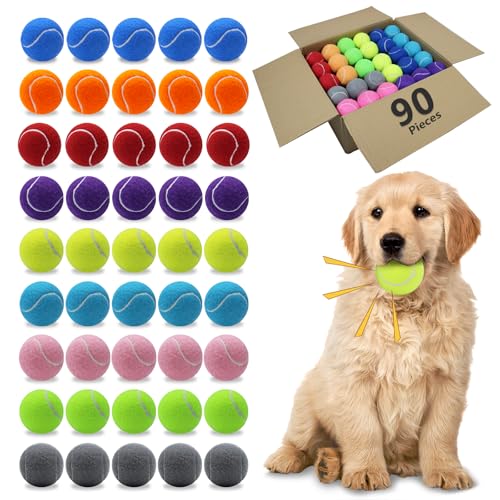 Magicorange Dog Tennis Balls,90 Pack 2.5 inch Floatable Squeaky Tennis Balls for Fetch Exercise, Natural Rubber Squeaky Dog Ball Training Safe (Multicolor) - color: Multi-colored, size: 90 Pack