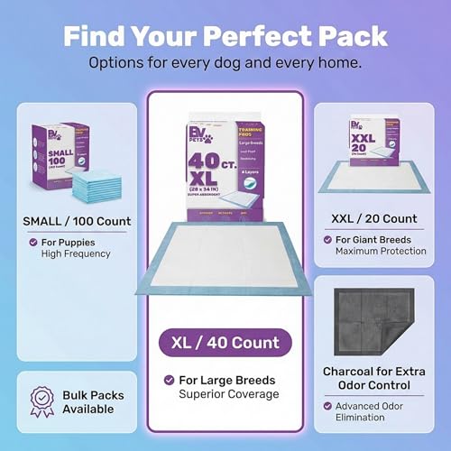 BV Puppy Pads XL 40 Count 34"x28" - Leak-Proof Pee Pads for Dogs with 6-Layer Design, Rapid Dry Sheet & Attractant - Dog Pad Extra Large with Odor Control - Perfect for Big Dogs & Indoor Use - size: XL / 40-Count (Standard)