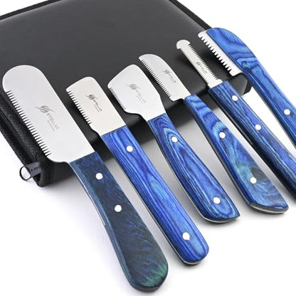 Dog Grooming Stripping Knife Set – 6-Piece Stainless Steel Hand Stripping Tools with Wooden Handles – Coarse, Medium, Fine & Extra-Fine Knives for Dogs, Cats & Wire-Coated Pets (Blue) - color: Blue