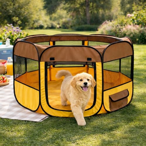 Pet Life All-Terrain Lightweight Wire-Framed Folding Collapsible Pet Playpen, Travel Cat and Dog Playpen, Features Breathable Mesh and Zippered Entrances with Carrying case - color: Brown