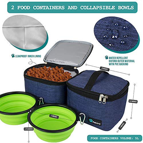 PetAmi Dog Travel Bag Organizer, Pet Travel Kit with 2 Food Containers & 2 Collapsible Dog Bowls, Pet Supplies Tote with Luggage Sleeve, Weekend Road Trip Camping Essentials, Navy Blue, Large - color: Navy, size: Large - 15.5"L x 9.5"W x 14.0"H