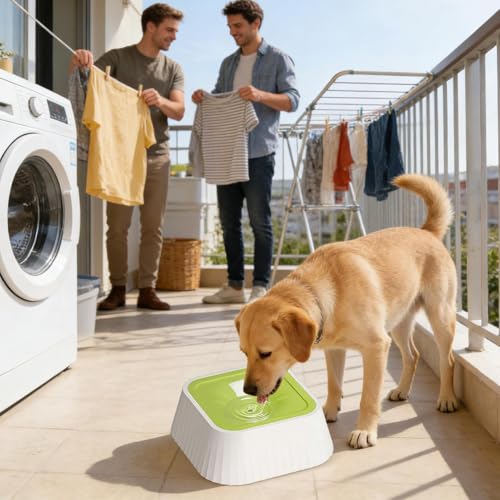 Spill Proof Dog Water Bowl 37oz, Large Capacity No Drip Pet Dispenser with Non-Slip Base, Slow Water Bowl for Dogs Puppies Indoor Outdoor Use, 22x22x8cm - color: Green
