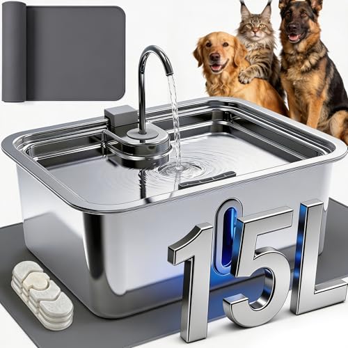 15L/3.96Gal Large Dog Water Fountain with Pet Feeding Mat & 3 Filters, Stainless Steel Pet Water Fountain for Dogs Cats, Dog Water Bowl Dispenser with Visible Window, Alert Light, Quiet Pump - color: Silver, size: 15L/3.96Gal Fountain + 3 Filters Set