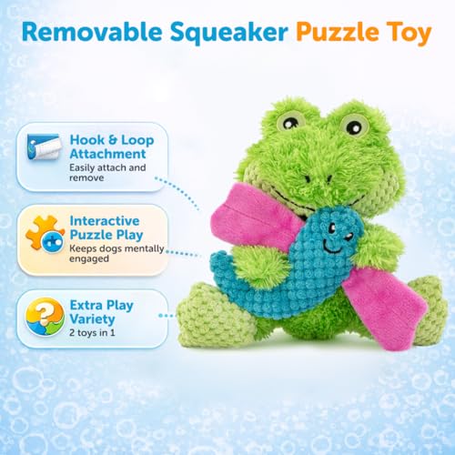 GURU Loveys Soft & Cuddly Frog Dog Toy with Removable Squeaker - Dog Toy with Multiple Textures to Stimulate Play & Engage Your Dog’s Instincts- Puzzle Dog Toy, Low-Pile & Bubble Plush - style: Frog