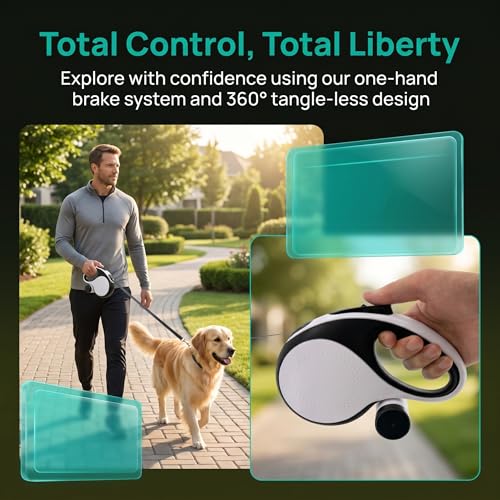 Retractable Dog Leash 16ft for Medium Dogs up to 66lbs — Durable Nylon Tape Leash with 360° Tangle-Free, One-Handed Brake & Lock, with Poop Bag Dispenser, Anti-Slip ABS Handle (White)