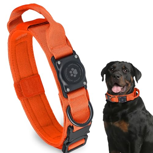 Tactical AirTag Dog Collar, 100% Waterproof Integrated Apple Air Tag Dog Collars with Hard PC AirTag Holder, Adjustable Military Collar with Handle, GPS Dog Collar for Medium Large Dogs(Orange,XL) - color: Orange, size: XL (19.5-24.8'')