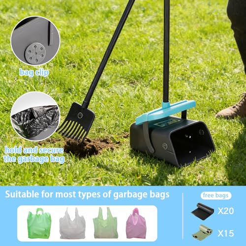 Geyecete Dog Pooper Scooper Pooper Scooper for Dogs - Long Handle Outdoor Cleanup Tool with 35 Waste Bags Dispenser -Portable Pet Waste Pick Up Set