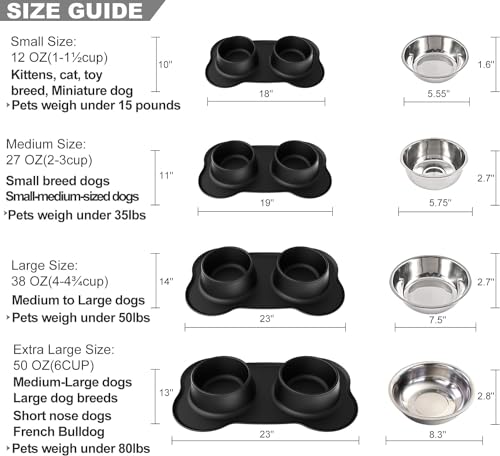 Dog Bowls Stainless Steel Dog Food Water Bowl Set with Stand, Feeding Bowls No Spill Non-Skid Silicone Mat, Dog Dishes for Small Medium Large Size Dog Puppy Pet Food Bowls, Black, 4 Cup - size: Large/38oz each