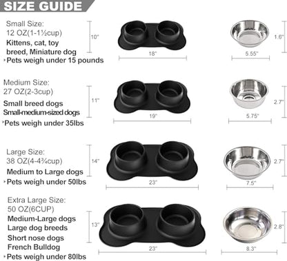 Dog Bowls Stainless Steel Dog Food Water Bowl Set with Stand, Feeding Bowls No Spill Non-Skid Silicone Mat, Dog Dishes for Small Medium Large Size Dog Puppy Pet Food Bowls, Black, 4 Cup - size: Large/38oz each