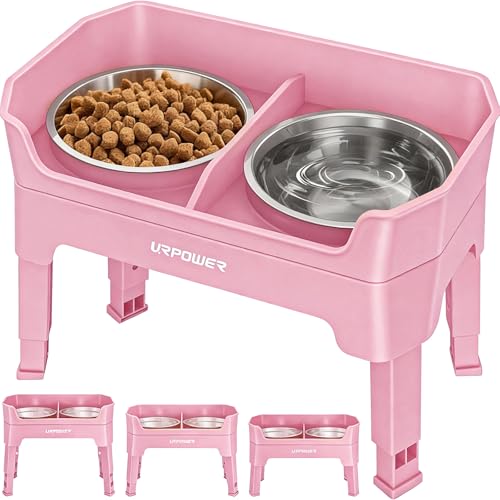 URPOWER 3-in-1 Elevated Dog Bowls - Mess Proof Double Deck 4 Height Adjustable Raised Stand with 2 Stainless Steel Food Bowls & Licking Plate for Small, Medium & Large Dogs - color: Pink, size: Large