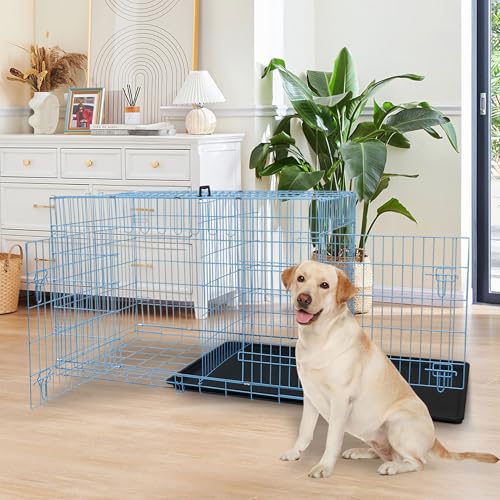 Dog Crate, 24/30/36/42/48 Inch Dog Crates for Small Medium Large Dogs Indoor, Folding Metal Dog Kennel Dog Cage with Double-Door, Divider Panel, Removable Tray, Locks and Handle, (42 Inch, Blue) - color: BLUE, size: 42.0"L x 27.0"W x 29.0"H