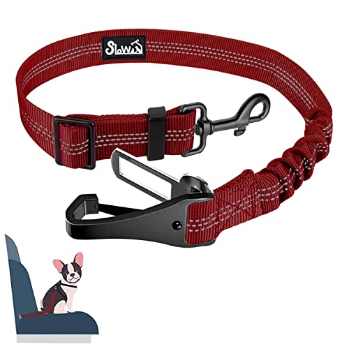 SlowTon Dog Seat Belt, Adjustable Dog Safety Belt Leash, 2 in 1 Latch Bar Attachment Dog Car Seatbelt with Elastic Nylon Bungee Buffer, Reflective Nylon Belt Tether Connect to Dog Harness (Red) - color: Red