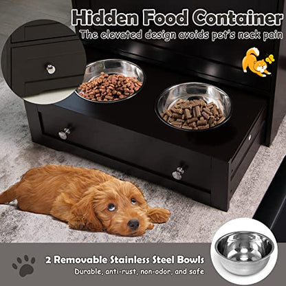 Dog Feeding Station with Double Bowls, Large Pull Out Dog Feeder & Food Storage (Brown) - color: Brown