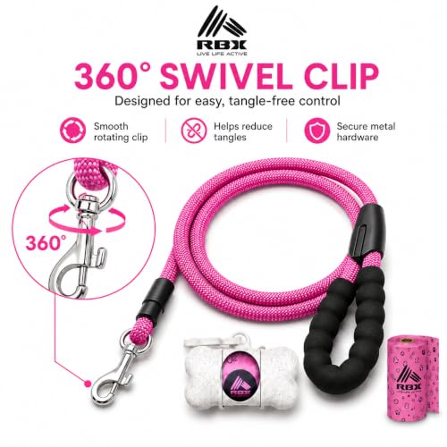 RBX Rope Dog Leash Set, 5 ft Padded Handle Leash for Small/Medium Dogs with 360° Swivel Clip, Poop Bag Dispenser, 20 Waste Bags, Durable Walking Lead for Daily Use - color: Pink