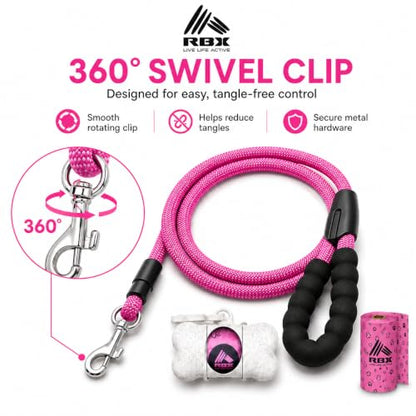 RBX Rope Dog Leash Set, 5 ft Padded Handle Leash for Small/Medium Dogs with 360° Swivel Clip, Poop Bag Dispenser, 20 Waste Bags, Durable Walking Lead for Daily Use - color: Pink