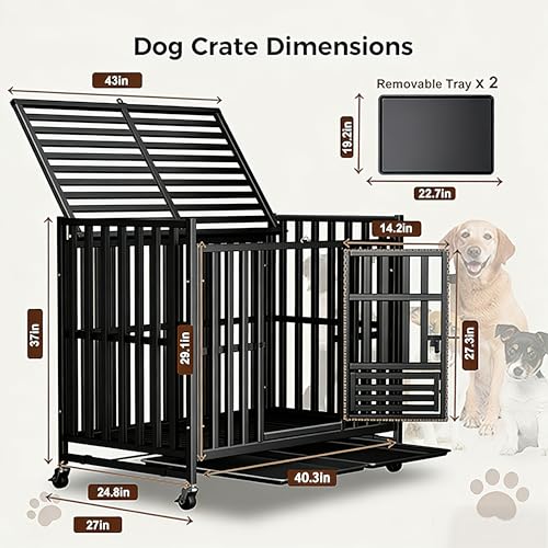 Heavy Duty Dog Crate, Escape-Proof Indestructible Cage for High-Anxiety Dogs, 3-Door Kennel with 4 Lockable Wheels and 2 Removable Trays Ideal for Large & Medium Breeds (43 Inch) - size: 43.0"L x 27.0"W x 37.0"H