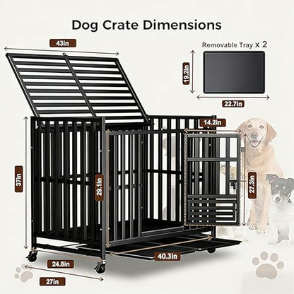 Heavy Duty Dog Crate, Escape-Proof Indestructible Cage for High-Anxiety Dogs, 3-Door Kennel with 4 Lockable Wheels and 2 Removable Trays Ideal for Large & Medium Breeds (43 Inch) - size: 43.0"L x 27.0"W x 37.0"H