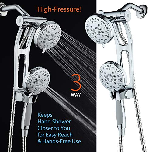 High Pressure 48-mode Luxury 3-way Combo with Adjustable Extension Arm – Dual Rain & Handheld Shower Head – Extra Long 6 Foot Stainless Steel Hose – All Chrome Finish – Top US Brand - color: Chrome