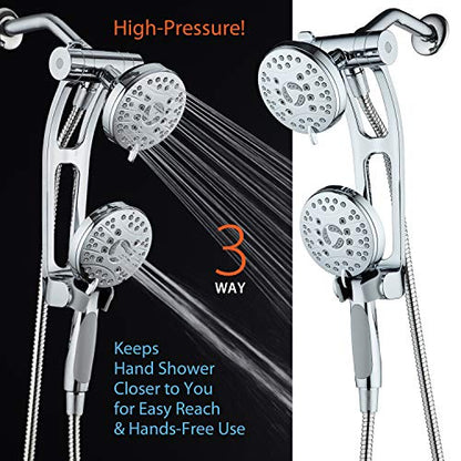High Pressure 48-mode Luxury 3-way Combo with Adjustable Extension Arm – Dual Rain & Handheld Shower Head – Extra Long 6 Foot Stainless Steel Hose – All Chrome Finish – Top US Brand - color: Chrome