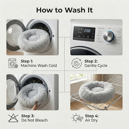 Cozy Plush Calming Dog & Cat Bed – Anti-Anxiety, Washable Round Donut Bed for Small & Medium Pets – Soft, Fluffy, Vacuum Packed (Gray, M) - size: M