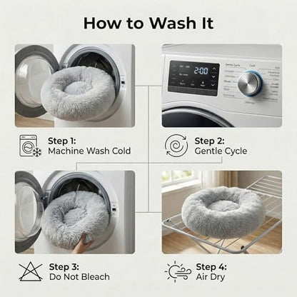 Cozy Plush Calming Dog & Cat Bed – Anti-Anxiety, Washable Round Donut Bed for Small & Medium Pets – Soft, Fluffy, Vacuum Packed (Gray, M) - size: M