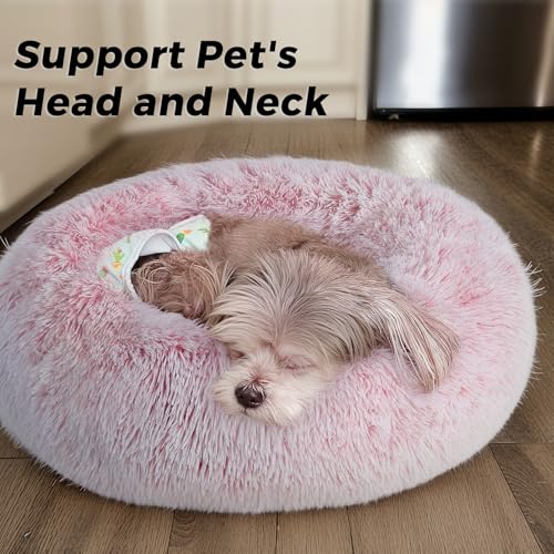 Calming Round Dog Bed & Cat Bed with Anti-Slip Bottom, Medium Size Washable Anti-Anxiety Donut Dog Beds for Small Dogs & Cats, Fluffy Plush Soft Dog Bed(24 Inch, Pink) - color: Pink, size: 24"l x 24"w x 8"th