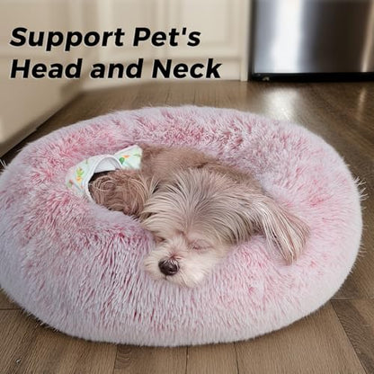 Calming Round Dog Bed & Cat Bed with Anti-Slip Bottom, Medium Size Washable Anti-Anxiety Donut Dog Beds for Small Dogs & Cats, Fluffy Plush Soft Dog Bed(24 Inch, Pink) - color: Pink, size: 24"l x 24"w x 8"th