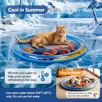 Thickened Cat Sensory Water Play Mat, Interactive Aqua Cats Water Mat with Floating Fish and 2 Balls for Cats & Dogs, Indoor Pet Water Bed Play Mat - color: Round