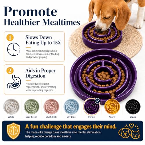 Ceramic Slow Feeder Dog Bowls with Anti-Slip, Slow Feeder & Non-Slip Design, Boredom and Anxiety Reducer, Suitable for All Breed Dogs and Cat (Ceramic-Purple) - color: Ceramic-Purple