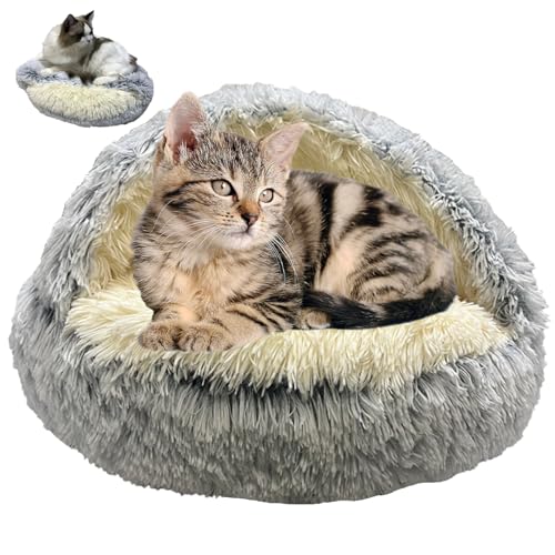 Furry Cozy Cave Bed for Cat, Enclosed Plush Dog Hooded House 20inch | Soft Fluffy, Non-Slip, Washable, Self-Warming, Appease Anti Anxiety Animal, Round