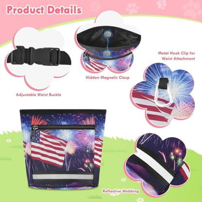 Flag Water-Resistant Dog Treat Pouch, 3 Ways to Wear Treat Bag with Magnetic Closure & Reflective Strip, Hands-Free for Pet Training, Walking