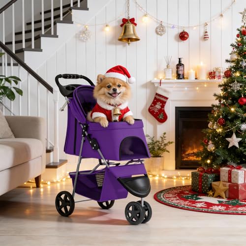 MoNiBloom 3 Wheels Pet Dog Cat Stroller for Small Medium Dogs Cats, Lightweight Foldable Jogger Stroller w/Storage Basket and Cup Holder, Purple - color: Purple